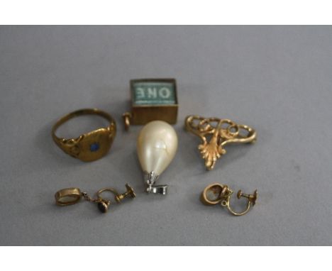 A PAIR OF 9CT EARRINGS, set with mother of pearl and a 9ct charm, etc