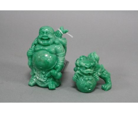 A JADE EFFECT FIGURE OF A LAUGHING BUDDHA, and a similar figure of a dragon (2)