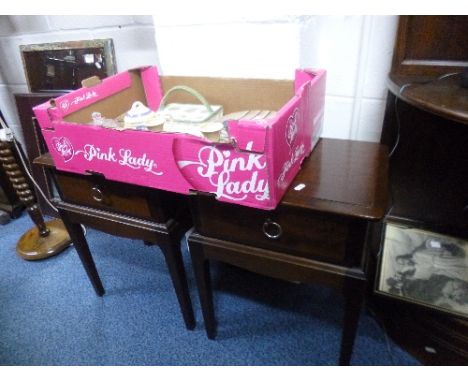 A PAIR OF 'STAG' BEDSIDE DRAWERS, three various pictures, standard lamp with shade and a small quantity of ceramics (7)