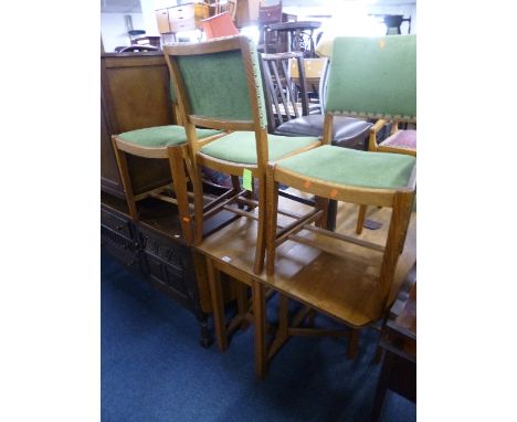 AN OAK DROP LEAF TABLE, four chairs and a piano stool (6)