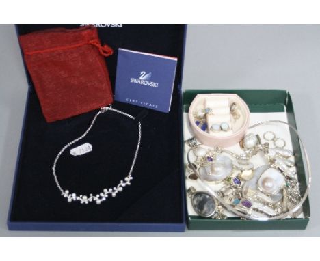 A SWAROVSKI NECKLACE AND A MIXED LOT OF SILVER JEWELLERY, to include mother of pearl, opal, etc