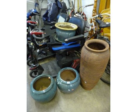 THREE GLAZED GARDEN PLANTERS, and a large terracotta planter (4)