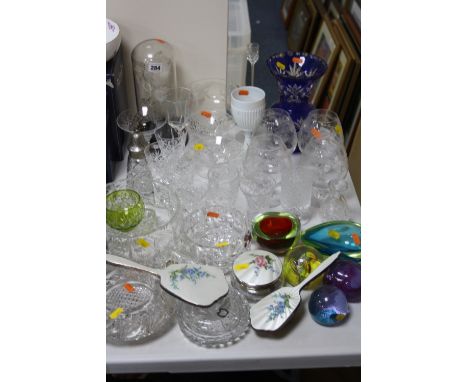 VARIOUS GLASSWARES AND PART ENAMEL/SILVER DRESSING TABLE SET, (3) etc, to include Caithness paperweights, blue flashed vase e