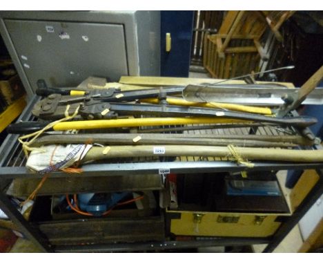 A QUANTITY OF HAND TOOLS, including two axes, bolt cutters, etc