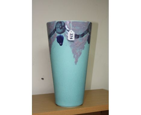 A LARGE POOLE POTTERY TAPERED VASE, blue and purple abstract design on turquoise ground, height approximately 35cm