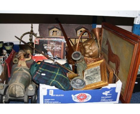 A VINTAGE DOLLS HOUSE, a model car, a model canon, a quantity of L.P's and singles, an oil on canvas of a horse, a wicker bas