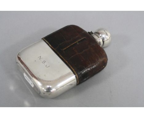 A SILVER CROCODILE SKIN FLASK