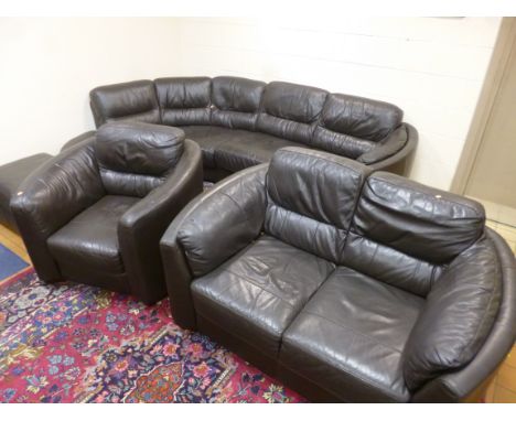 A LARGE BROWN LEATHER CORNER SUITE, (in two sections) two seater sofa, armchair and pouffe