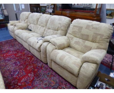 A G-PLAN BEIGE UPHOLSTERED THREE PIECE SUITE, comprising three seater sofa in three sections, the outer sections being electr