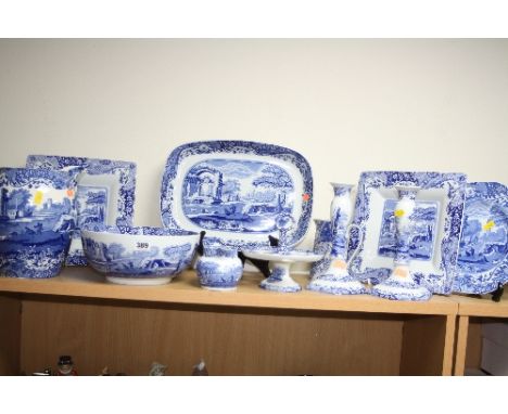 VARIOUS SPODE 'ITALIAN' ITEMS, to include large jug, bowl, a pair of candlesticks, egg stand, rectangular dish, plates, a pai