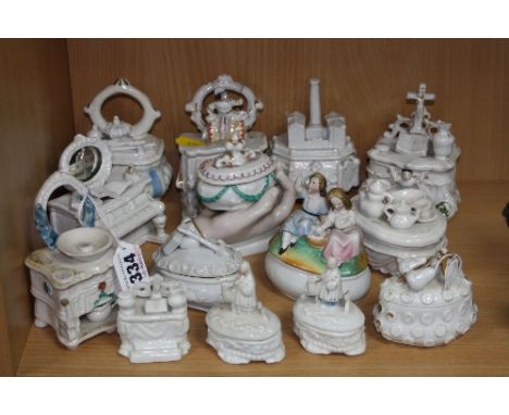 FOURTEEN VARIOUS FAIRING TRINKET BOXES, in the form of fireplaces, piano, a hand, tables etc, height approximately 11cm or sm