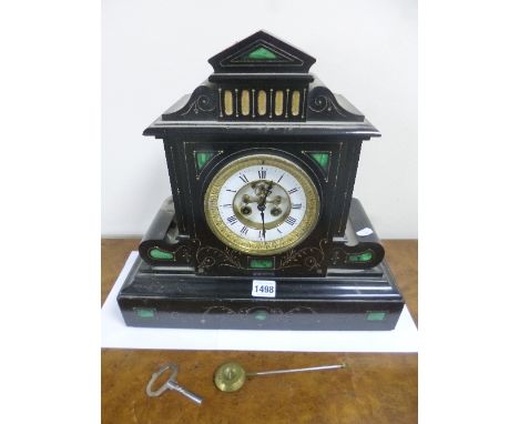 A VICTORIAN BLACK SLATE MANTEL CLOCK, approximate size width 40cm x depth 16cm x height 38cm (key and pendulum)