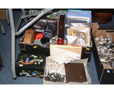 TWO BOXES AND LOOSE SUNDRY ITEMS, to include cutlery, jewellery box, books, Zenit TTL camera etc