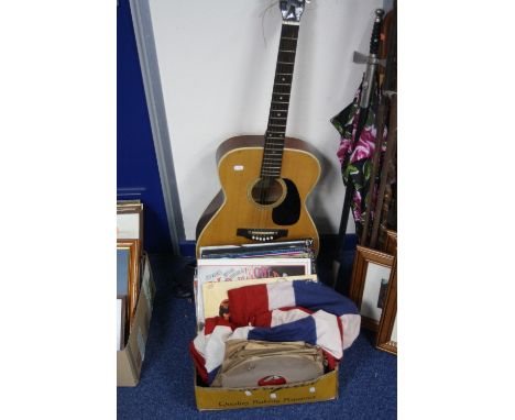 A BOX OF L.P'S AND 78'S, including Rolling Stones, John Lennon, War of The Worlds etc and a Kasuga acoustic guitar (2)