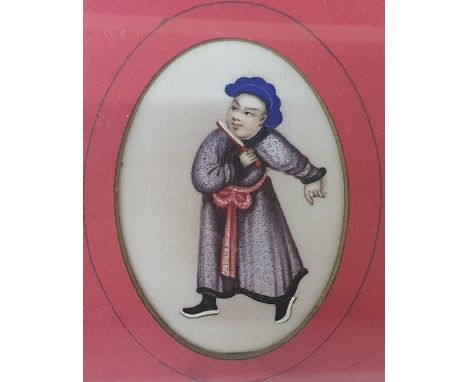 Antique Chinese gouache on rice paper, full-length portrait of a figure in thin wood frame,The portrait measures 18 x 14 cm 