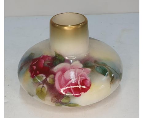 A Royal Worcester squat vase decorated with roses, numbered 2491 to base, 9 cm tall,Appears in fine condition without chips &