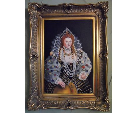 Large modern oil on board, portrait of Elizabeth I  indistinctly monogrammed and in a stunning contemporary wide gilt frame, 