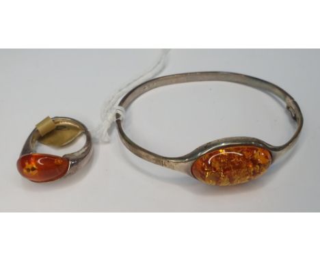 Silver &amp; Amber bangle together with a similar silver &amp; Amber ring (2) 