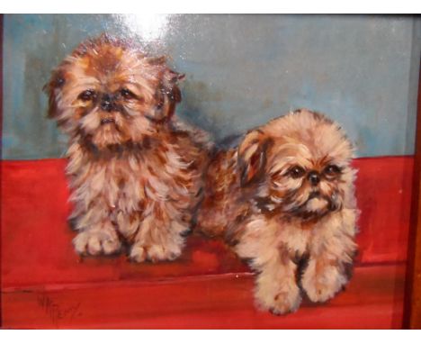 W R Remy, mid 20thC French oil on card, portrait of 2 Terrier pups in early, burr walnut frame,The oil measures 17 x 21 cm 