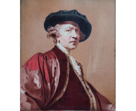 Unsigned Victorian oil on ivory panel depicting a self portrait of Sir Joshua Reynolds, thin frame, The portrait measures 15 