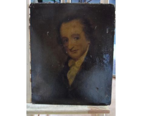 Unsigned oil on board, portrait of Georgian gentleman (a/f), unframed,The portrait measures 31 x 25 cm 