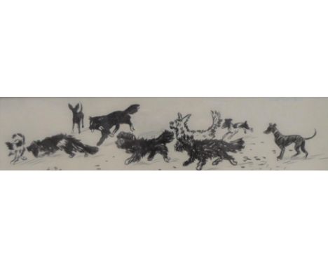 Mid 20thC French pen & ink sketch of a pack of dogs, initialed "A.B." in fine ebonised wood frame,The ink drawing measures 7 