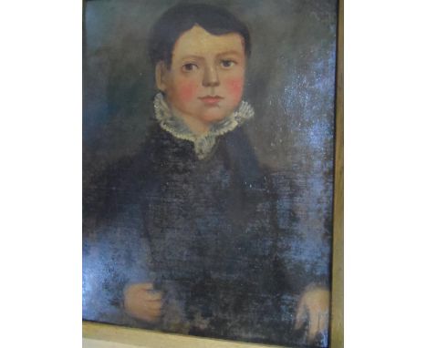 Unsigned circa 1820 oil card, portrait of a young Georgian boy in fine old gold painted wide wood frame,The portrait measures