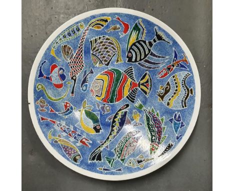 Richard Casey enamel on metal, modern bowl depicting colourful fish,36 cm diameter 