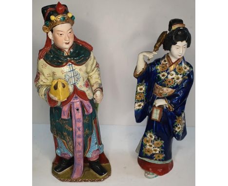 Pair of unmarked Chinese ceramic figurines (2),Both measure approx 33 cm 
