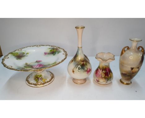 4 pieces of Royal Worcester including a cake stand signed Blake (the small vase with sheep has been repaired which is signed 