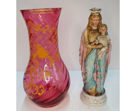 Early 20thC ceramic Maddona &amp; child together with an antique cranberry glass vase (2) 