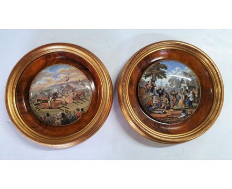 Pair of antique circular ceramic pot lids, both in superb wood frames (2)One pot lid cracked 
