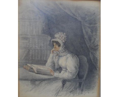 Indistinctly signed 1850 watercolour & pencil portrait of a seated lady, thin frame,The w/c measures 22 x 19 cm 
