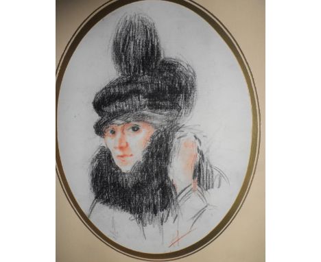 Monogrammed 1915 conte crayon & black, portrait of a fashionable French lady in thin wood frame,The portrait measures 23 x 18
