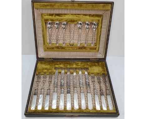 Complete late Victorian EPNS afternoon tea service set including 6 tea spoons, sugar nips, 6 knives &amp; 6 forks with mother