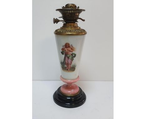Victorian milk glass oil lamp with the image of an angel43cm tall 