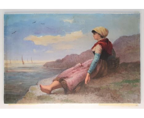Antique milk glass painted tile depicting a fisherwoman looking out to sea, signed V Gosen,20 x 31 cm 