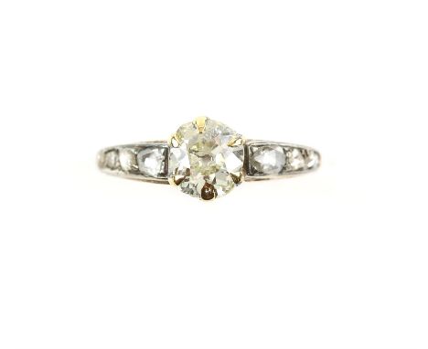 Antique old cut diamond ring, central diamond estimated weight 1.00 carat, with rose cut diamond set shoulders, mount testing