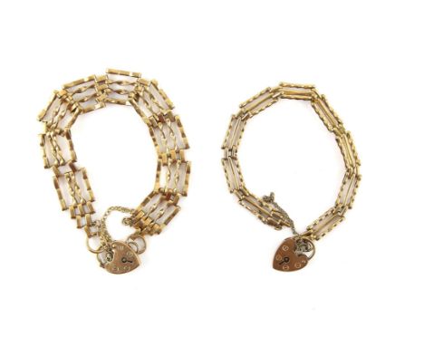 Two Vintage gold gate bracelets, each with a heart padlock clasp, and safety chain, both are in 9 ct yellow goldCondition Rep