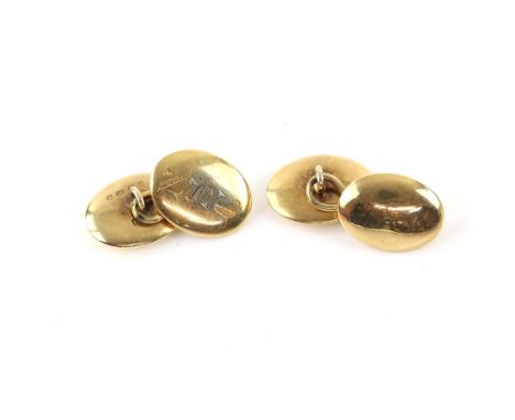 Late Victorian gold cufflinks, oval panels, two engraved with initials 'NSC', with a figure of eight connectors, in 18 ct yel