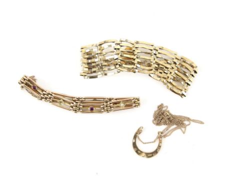 Edwardian ruby and seed pearl gate bracelet, set with four oval cut rubies and two seed pearls, with concealed clasp and safe