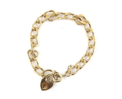 Gold flat curb link bracelet, with a bolt ring clasp, heart padlock clasp and safety chain, all in 9 ct yellow gold Condition