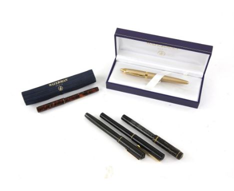 Five mixed pens Waterman A ladies Ideal fountain pen the barrel and cap in rose  lacquer, the nib marked  Waterman Canada, A 