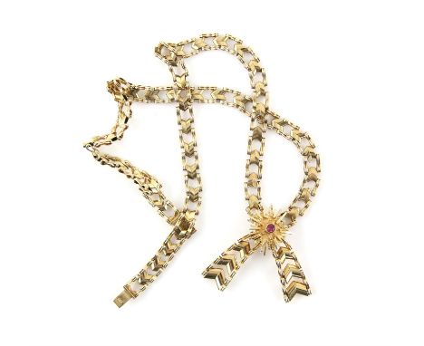 1970's vintage gold necklace, ribbon necklace design with fancy arrow shaped links, textured box link clasp, central textured