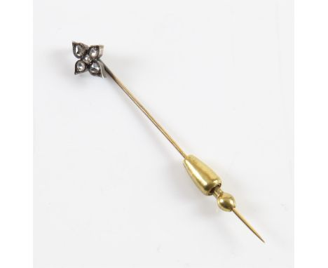 Antique diamond stick pin, with five rose cut diamonds, in tested 18 ct silver and gold, in a fitted boxCondition Report:  Gr