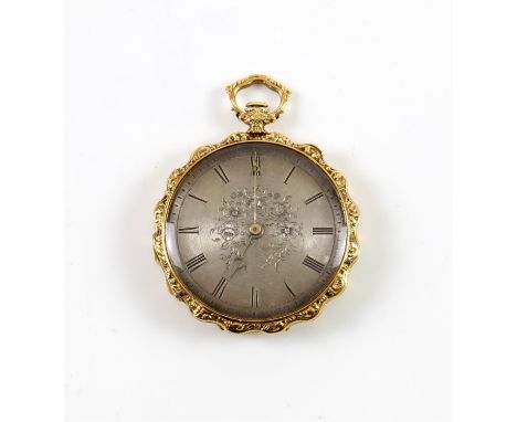 Pocket watch, with ornate detailing, silver dial with Roman numerals and minute track, mechanical movement, in a 18 ct case, 