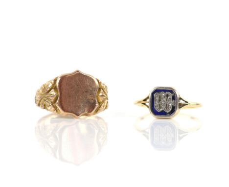 Antique blue enamel and rose cut diamond set 'W' initial signet ring, mount stamped 18 ct, ring size O, and a shield shaped s