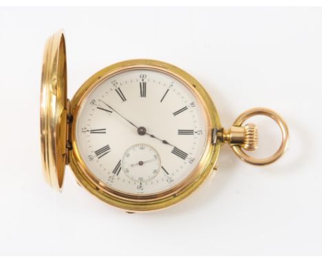 19th C half hunter gold pocket watch, white enamel dial with Roman numerals, minute track and subsidiary dial, keyless wind m