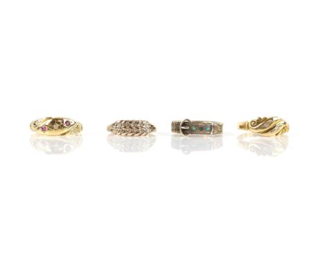 Victorian hairwork buckle ring, set with three cabochon cut turquoise stones, with central braided hair work, inside hand eng