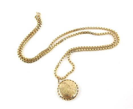 Vintage round floral locket, with wirework border and articulated bail, on a heavy box link chain, with bolt ring clasp, both